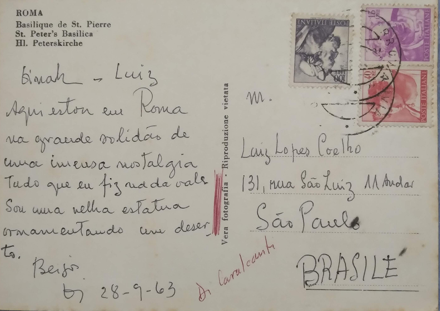 Postal de Di Cavalcanti para Luiz Lopes Coelho, Roma 1963