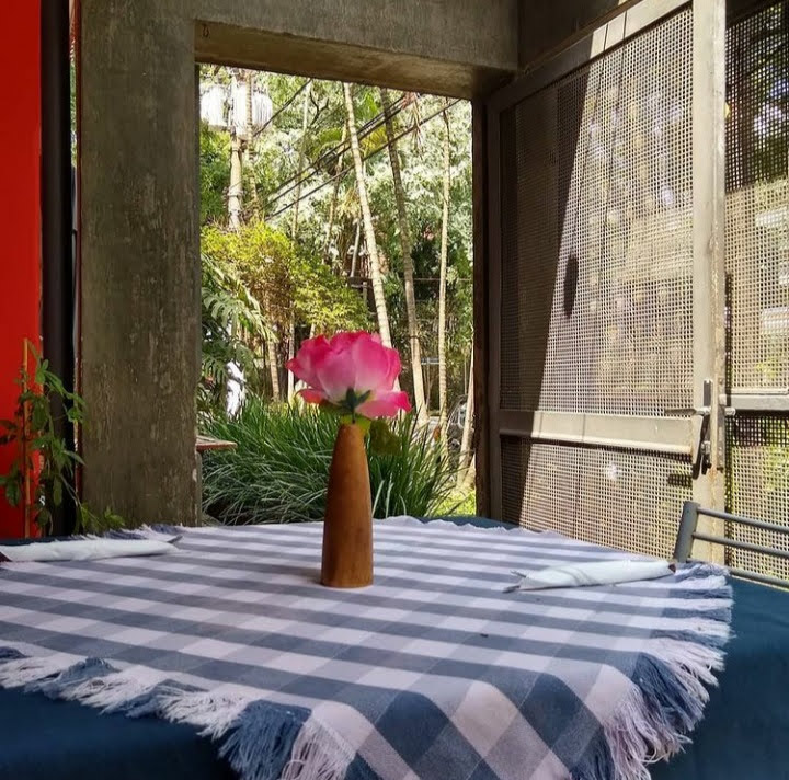Mesa com flor e jardim